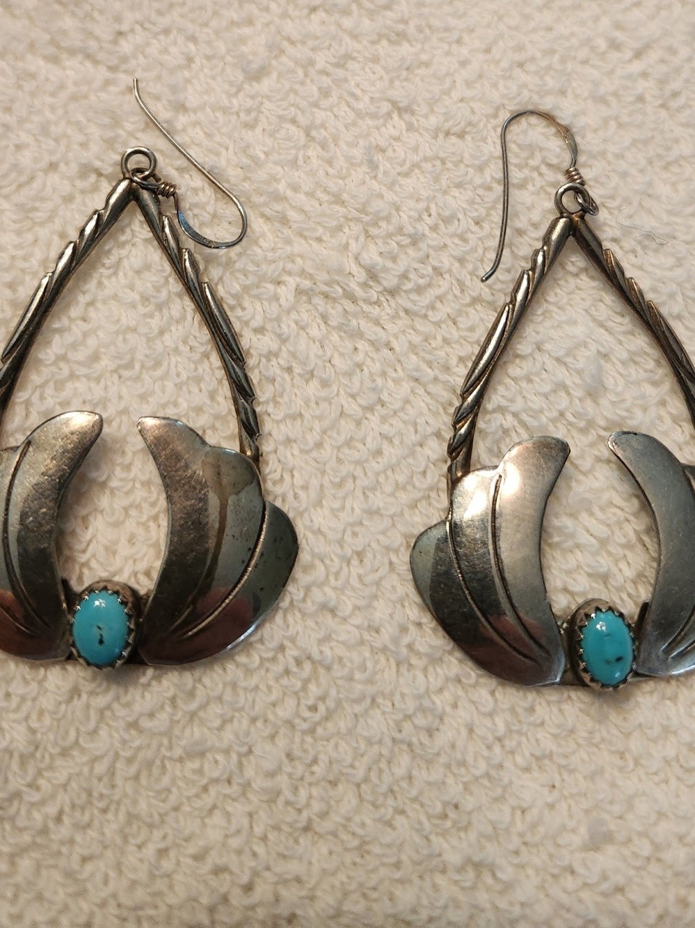 Crazy Horse Indian Jewelry Sterling Silver Turquoise Teardrop Dangle Earrings